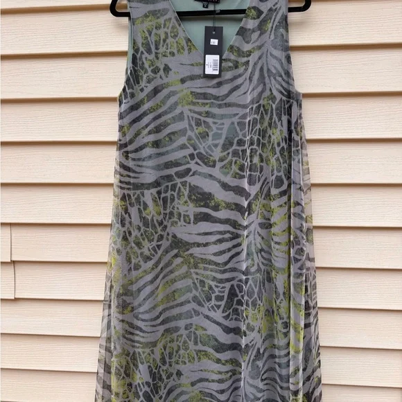 Kozan Zebra Print Midi Sheer Mesh Overlay Dress Size Medium Muted Gray Green NWT - Picture 2 of 13